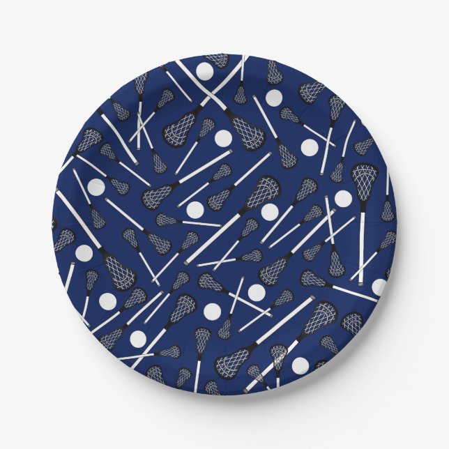 Navy blue lacrosse sticks paper plates (Front)