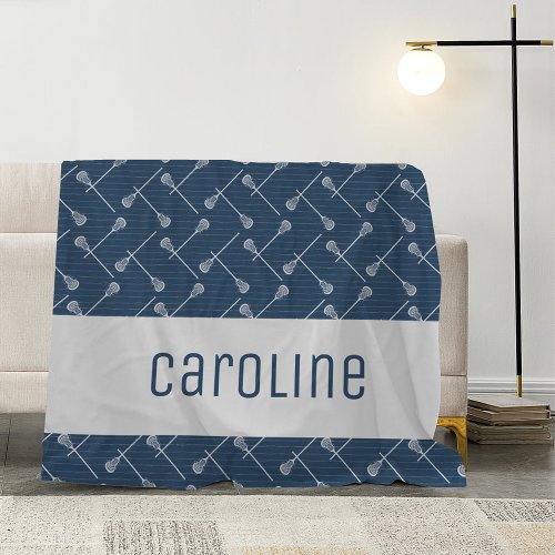 Navy Blue Lacrosse White Sticks Patterned Fleece Blanket