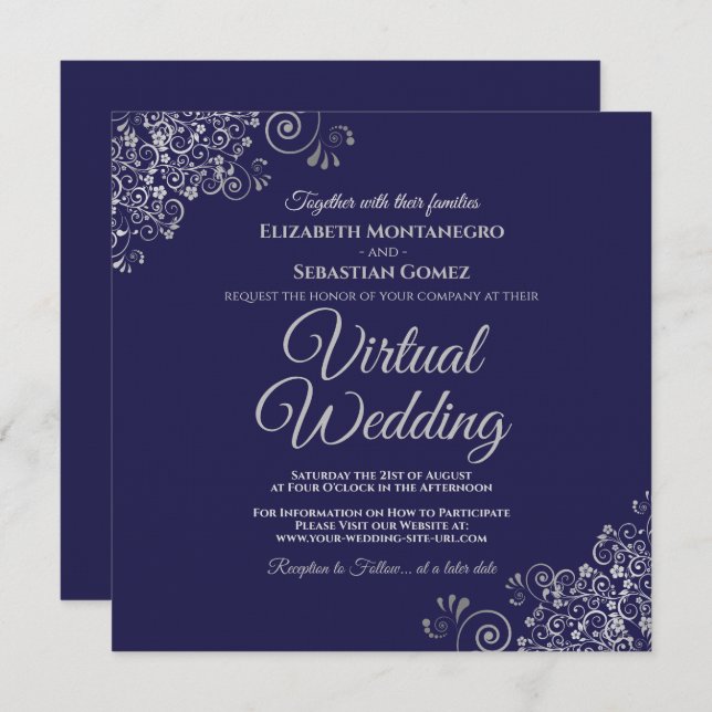 Navy Blue & Lacy Silver Elegant Virtual Wedding Invitation (Front/Back)