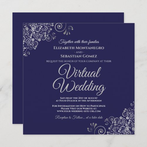 Navy Blue  Lacy Silver Elegant Virtual Wedding Invitation