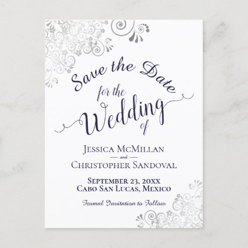 Navy Blue Lacy Silver Wedding Save the Date White Announcement Postcard