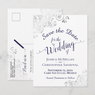 Navy Blue Lacy Silver Wedding Save the Date White Announcement Postcard
