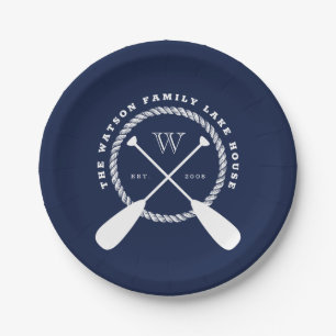 Navy Blue Lake House Monogram Crossed Paddles Paper Plates