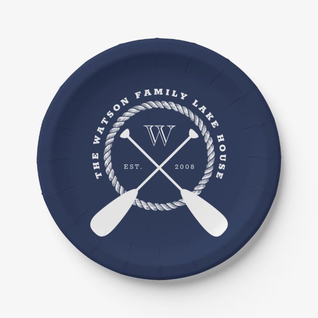 Navy Blue Lake House Monogram Crossed Paddles Paper Plates (Front)
