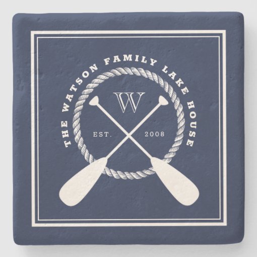 Navy Blue Lake House Monogram Crossed Paddles Stone Coaster Zazzle