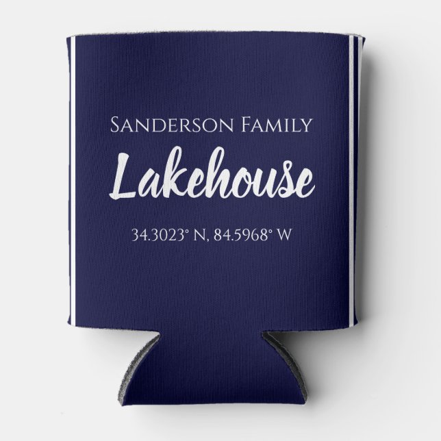 Navy Blue Lakehouse Family name  Map Coordinates Can Cooler (Front)