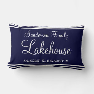 Navy Blue Lakehouse Family name Map Corinates Lum Lumbar Pillow
