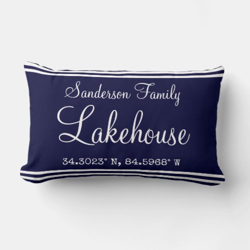 Navy Blue Lakehouse Family name  Map Corinates Lum Lumbar Pillow