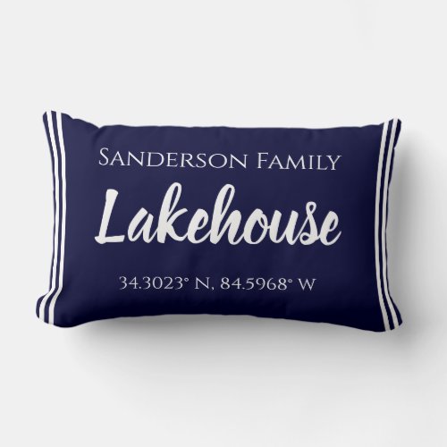 Navy Blue Lakehouse Family name  Map Corinates Lum Lumbar Pillow