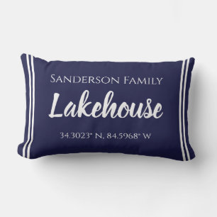 Navy Blue Lakehouse Family name Map Corinates Lumbar Pillow