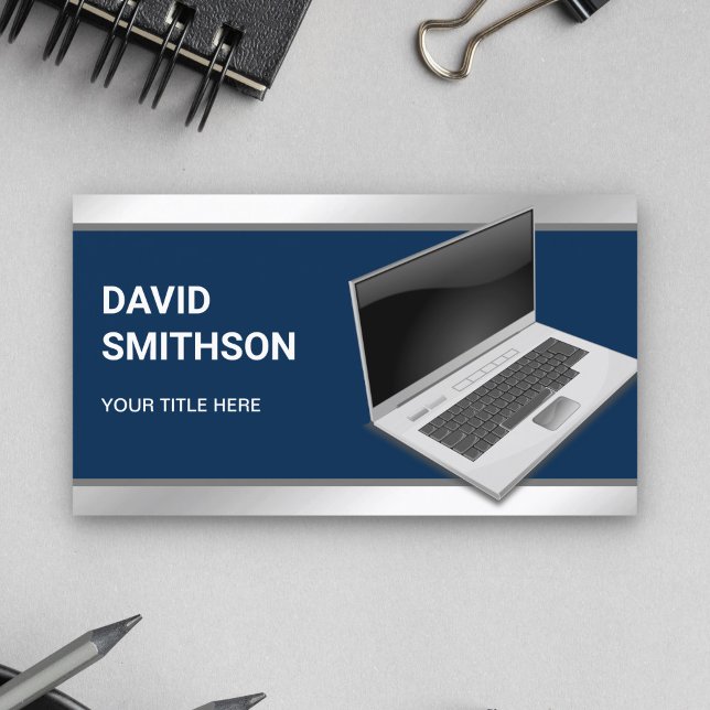 Navy Blue Laptop PC Computer Repair Technician Business Card (Creator Uploaded)