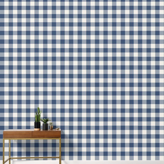 Navy Blue Large Checkered Gingham Wallpaper (Hallway)