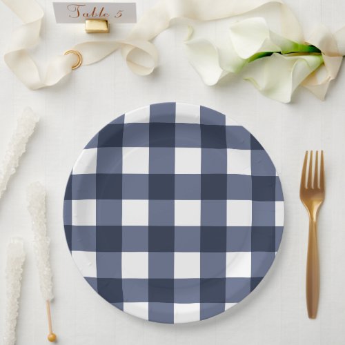 Navy Blue Large Classic Gingham Check Plaid Paper Plates