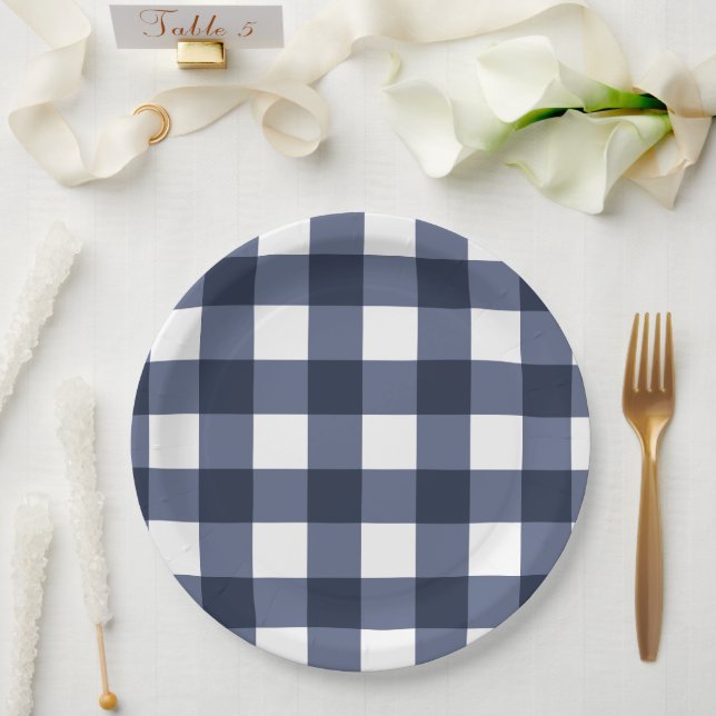Navy Blue Large Classic Gingham Check Plaid Paper Plates (Wedding)