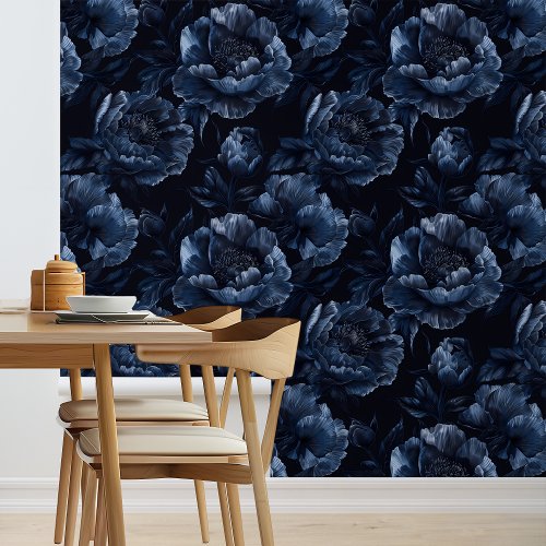 Navy Blue Large Peonies Wallpaper