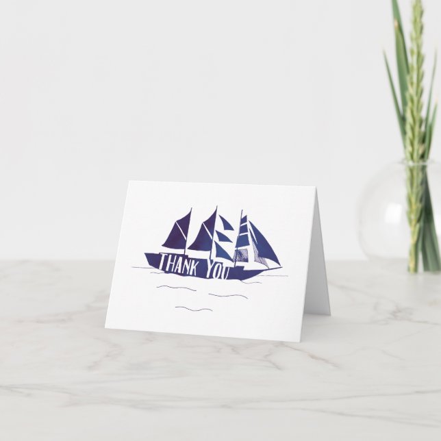 Navy Blue Large Ship Sail Boat Thank You Note Card (Front)