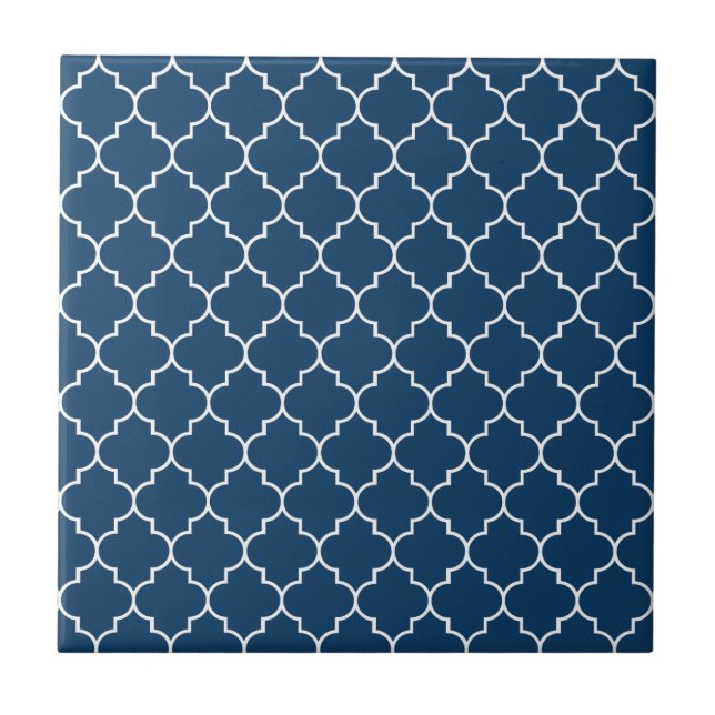 Navy Blue Latticework, Quatrefoil, Trellis Ceramic Tile (Front)