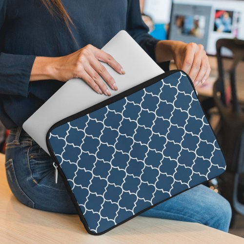 Navy Blue Latticework Quatrefoil Trellis Laptop Sleeve