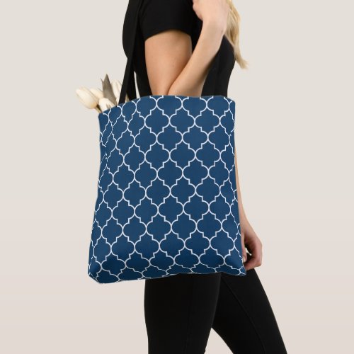 Navy Blue Latticework Quatrefoil Trellis Tote Bag