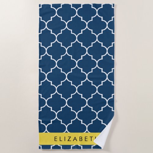 Navy Blue Latticework Quatrefoil Your Name Beach Towel