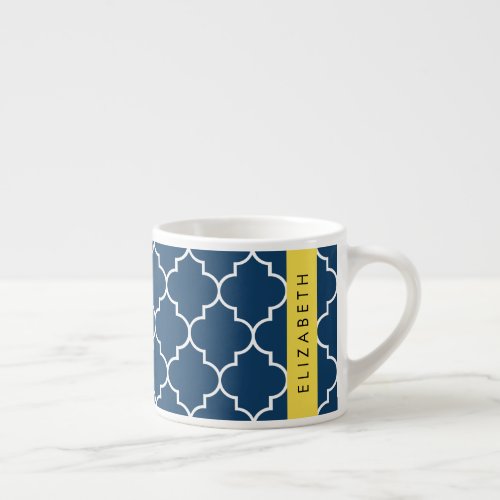 Navy Blue Latticework Quatrefoil Your Name Espresso Cup