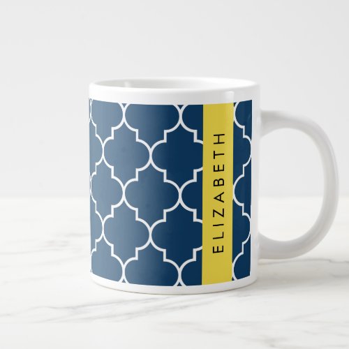 Navy Blue Latticework Quatrefoil Your Name Giant Coffee Mug