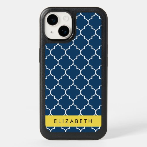 Navy Blue Latticework Quatrefoil Your Name OtterBox iPhone 14 Case