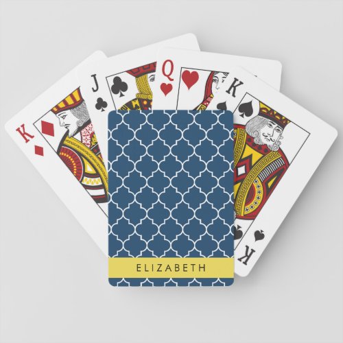 Navy Blue Latticework Quatrefoil Your Name Poker Cards