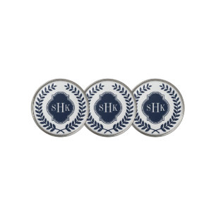 Navy-Blue Laurel Crest Wreath Custom Monogram Golf Ball Marker