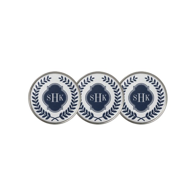 Navy-Blue Laurel Crest Wreath Custom Monogram Golf Ball Marker (3 Up)