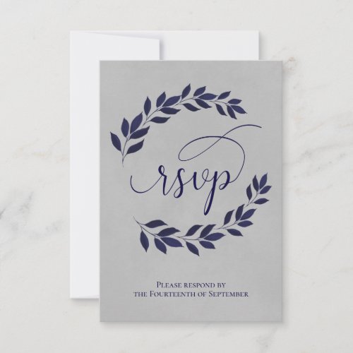 Navy Blue Laurel Leaves on Gray Elegant Wedding RSVP Card