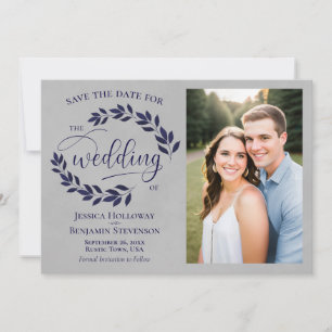 Navy Blue Laurel Leaves Rustic Gray Wedding Photo Save The Date