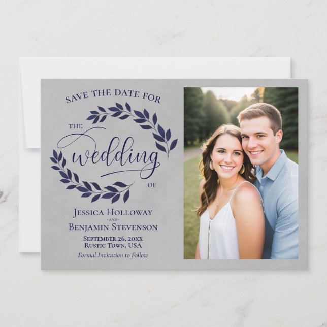 Navy Blue Laurel Leaves Rustic Gray Wedding Photo Save The Date (Front)