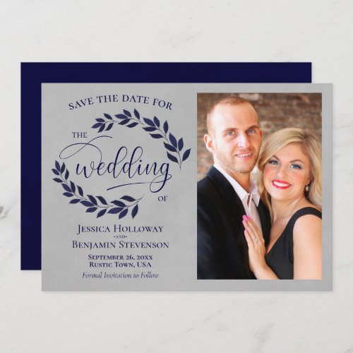 Navy Blue Laurel Leaves Rustic Gray Wedding Photo Save The Date