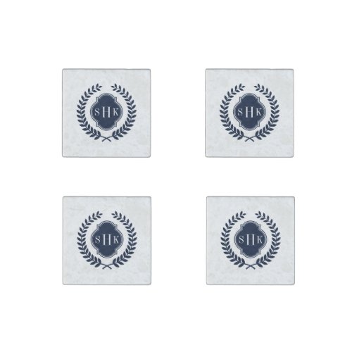 Navy blue laurel wreath crest monogram stone magnet