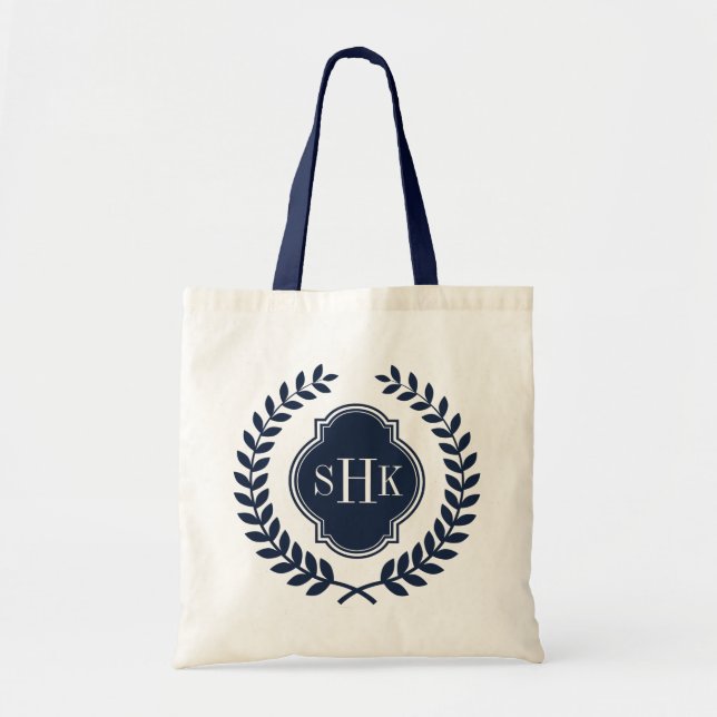 Navy-Blue Laurel Wreath Crest White Monogram Tote Bag (Front)