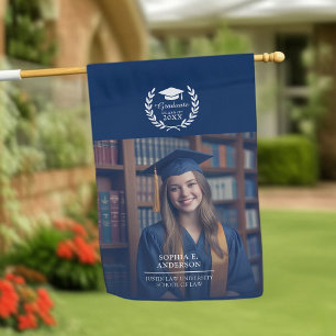 Navy Blue Laurel Wreath Custom Two-Photo Graduate House Flag