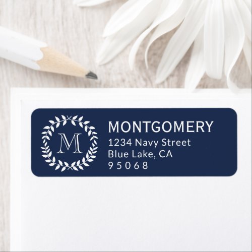 Navy Blue Laurel Wreath Monogram Return Address Label