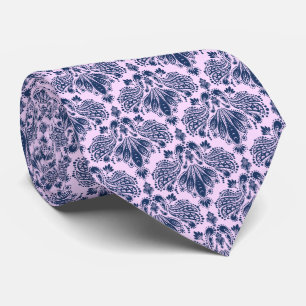 Navy Blue & Lavender Floral Damasks Pattern Neck Tie