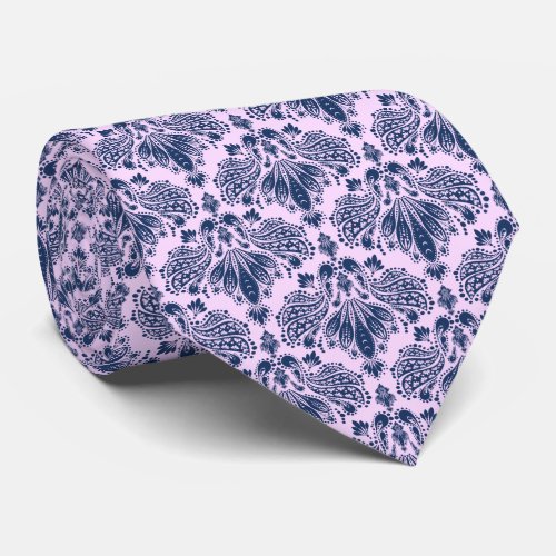 Navy Blue  Lavender Floral Damasks Pattern Neck Tie
