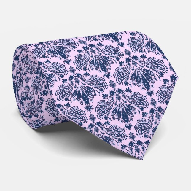 Navy Blue & Lavender Floral Damasks Pattern Neck Tie (Rolled)