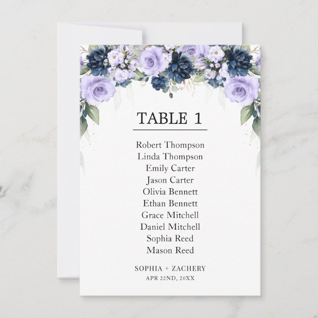 Navy Blue Lavender Floral Table Seating Chart (Front)