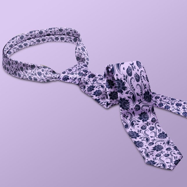 Navy Blue & Lavender Purple Floral Damasks Pattern Neck Tie (Creator Uploaded)