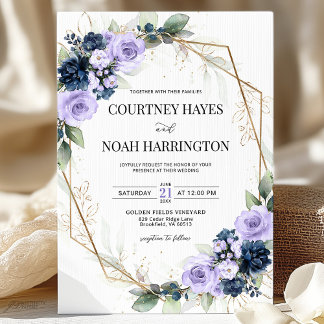 Navy Blue Lavender Purple Gold Geometric Wedding Invitation