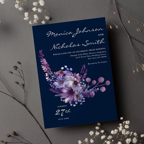 Navy blue lavender purple pink floral wedding invitation