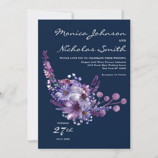 Navy blue lavender purple pink floral wedding invitation | Zazzle