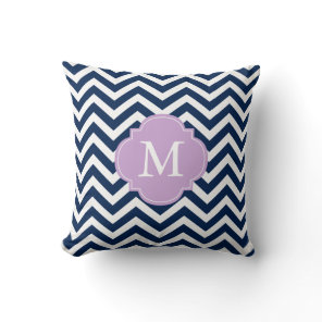Navy Blue & Lavender Zigzags Pattern Monogram Throw Pillow