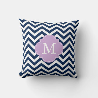 Navy Blue & Lavender Zigzags Pattern Monogram Throw Pillow