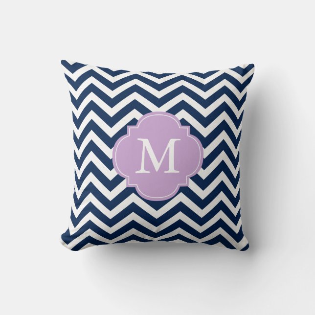 Navy Blue & Lavender Zigzags Pattern Monogram Throw Pillow (Front)