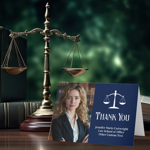 Navy Blue Law School Graduation Photo Lawyer Thank You Card